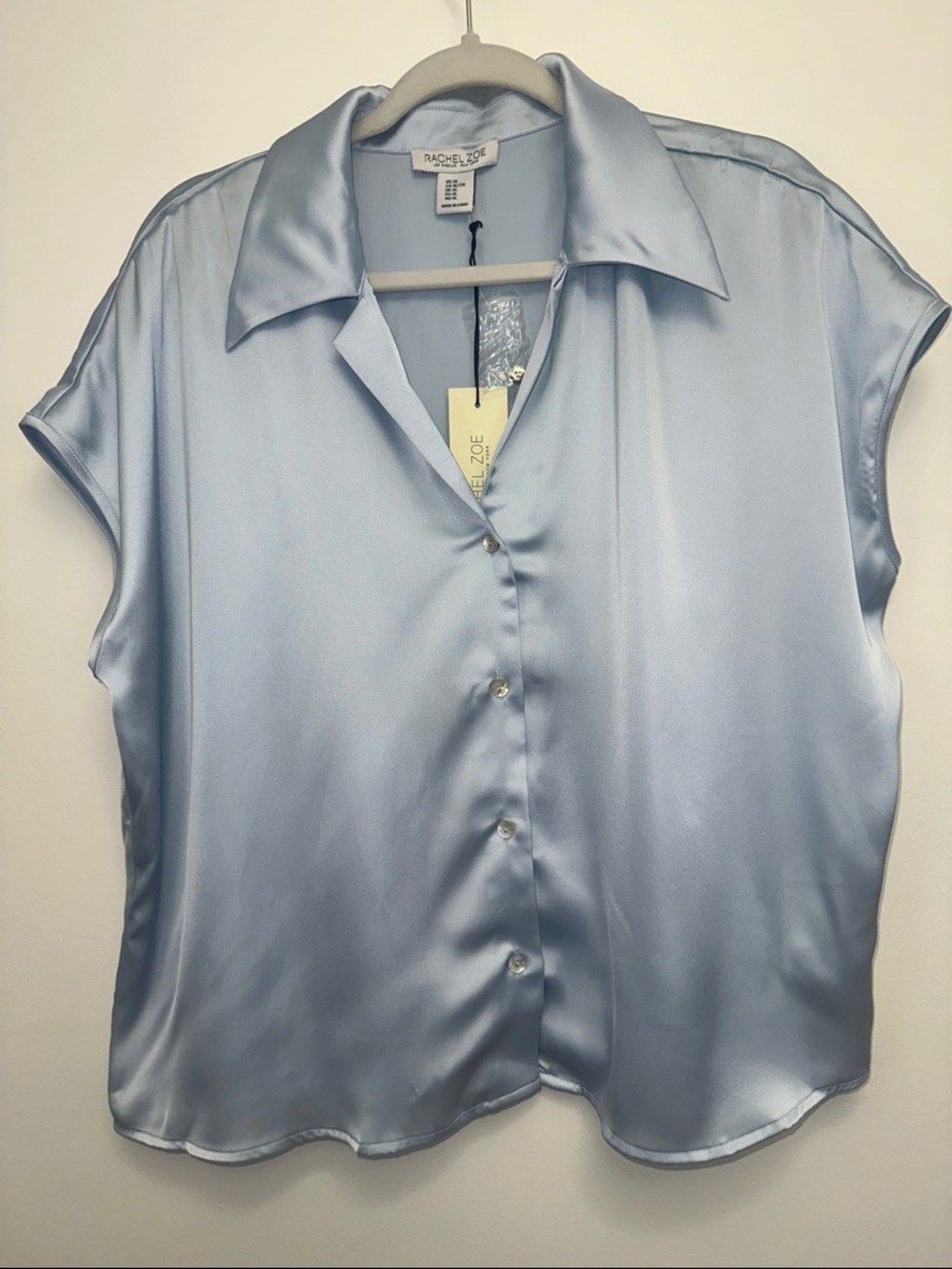 Rachel Zoe Light Blue Satin Short Sleeve Button-Down Shirt